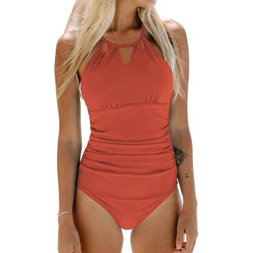 Cupshe Womens‎ Orange Halter One Piece Swimsuit Cutout Tummy Control Large NWT